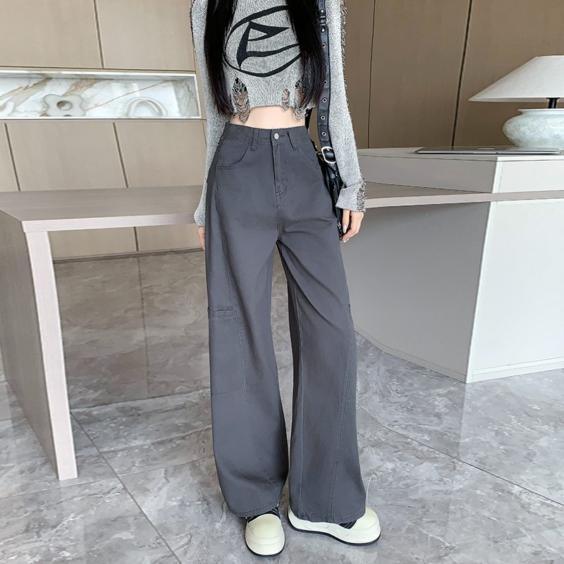 Mopping gray wide leg pants large pockets splice long pants