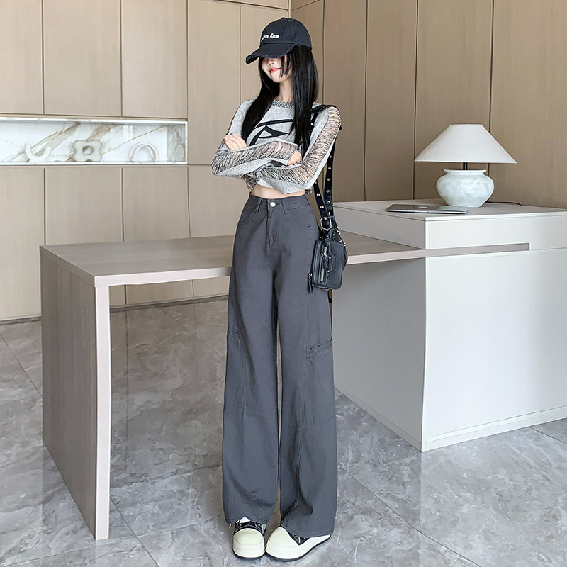 Mopping gray wide leg pants large pockets splice long pants