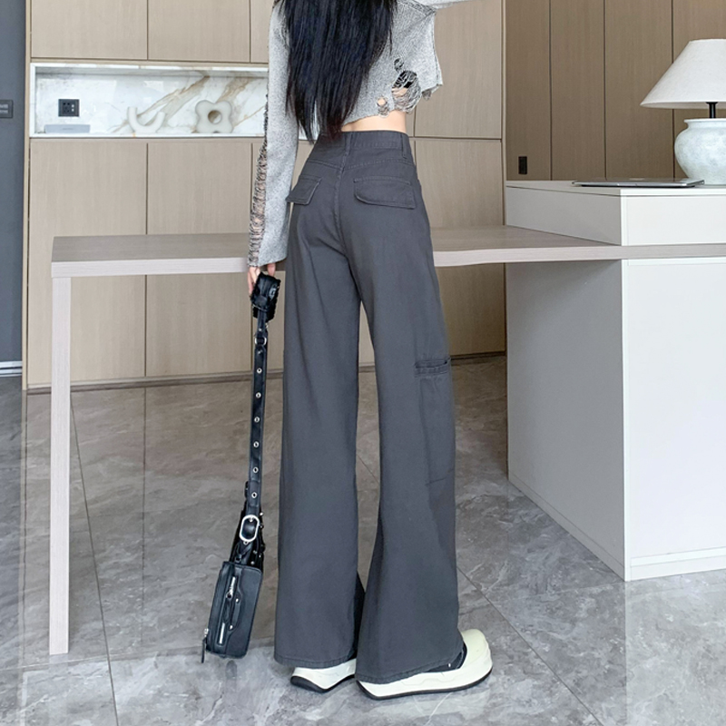 Mopping gray wide leg pants large pockets splice long pants