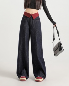 Wide leg mopping pants flanging navy blue jeans for women