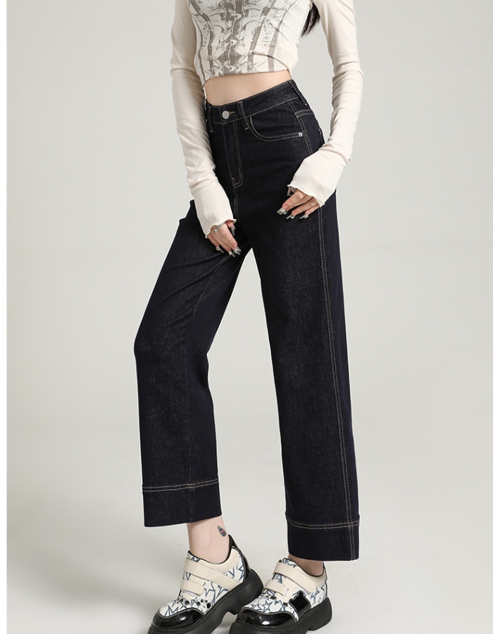 Denim straight pants navy-blue all-match pants