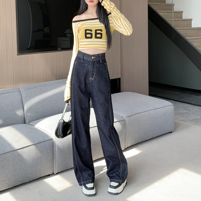 Navy-blue long pants straight pants jeans for women