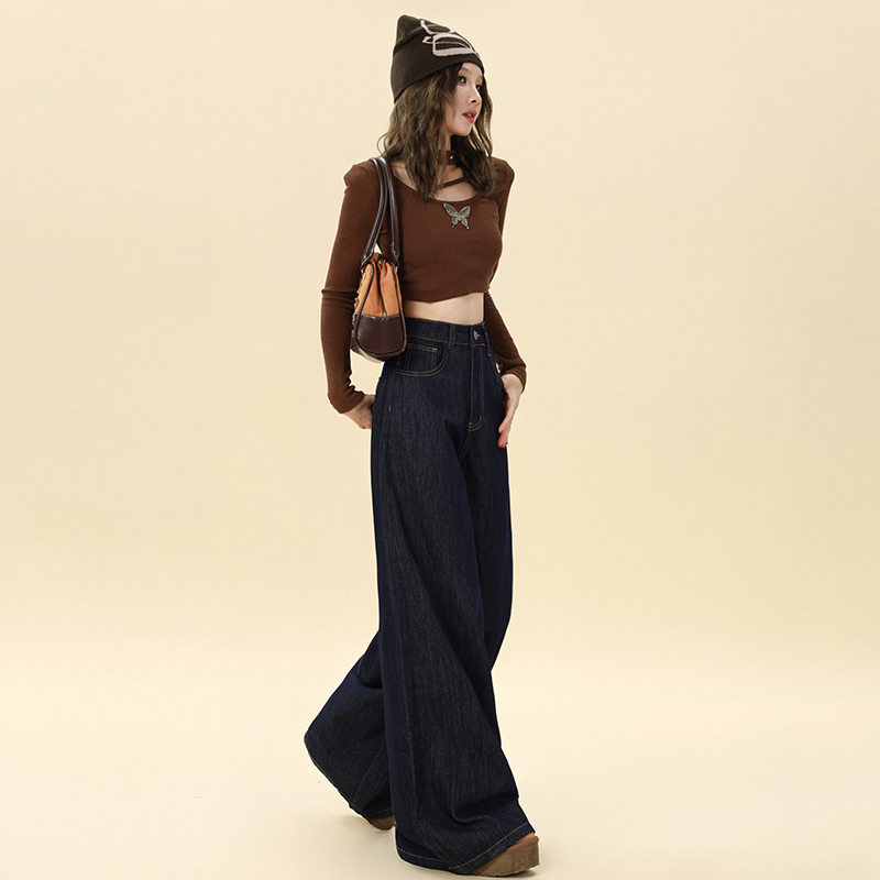 Autumn mopping pants wide leg navy-blue jeans for women