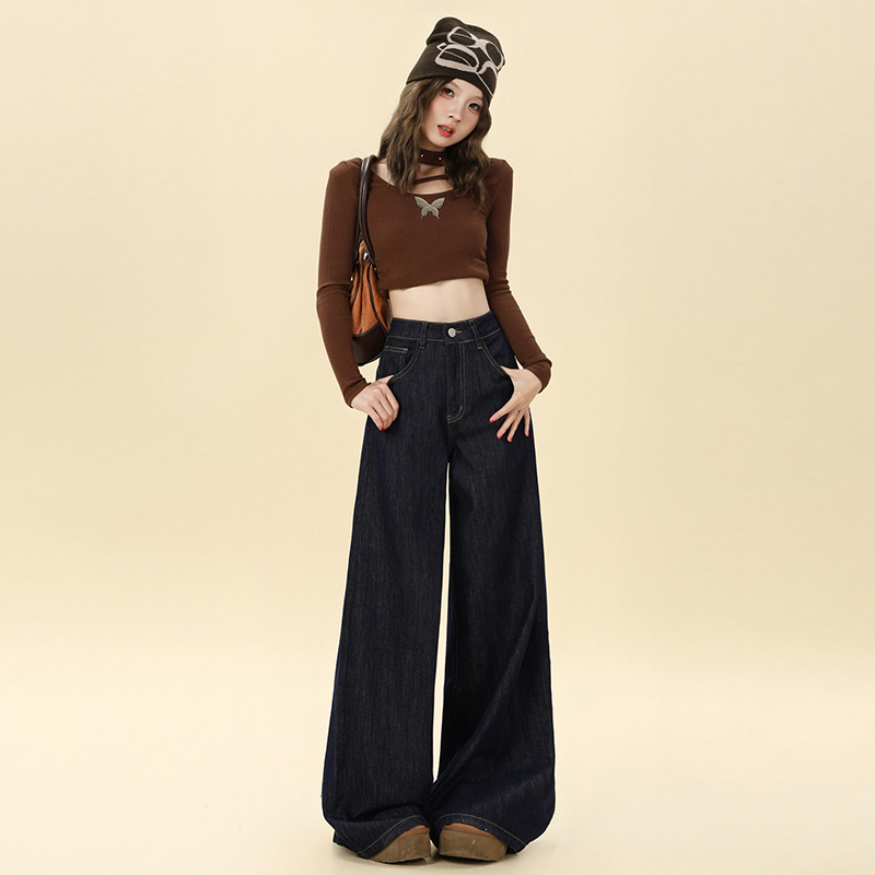 Autumn mopping pants wide leg navy-blue jeans for women