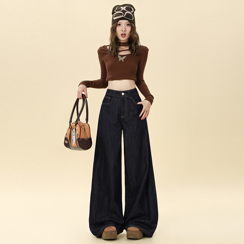 Autumn mopping pants wide leg navy-blue jeans for women