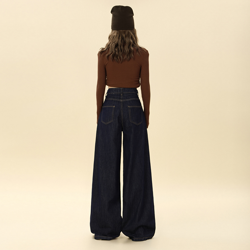 Autumn mopping pants wide leg navy-blue jeans for women