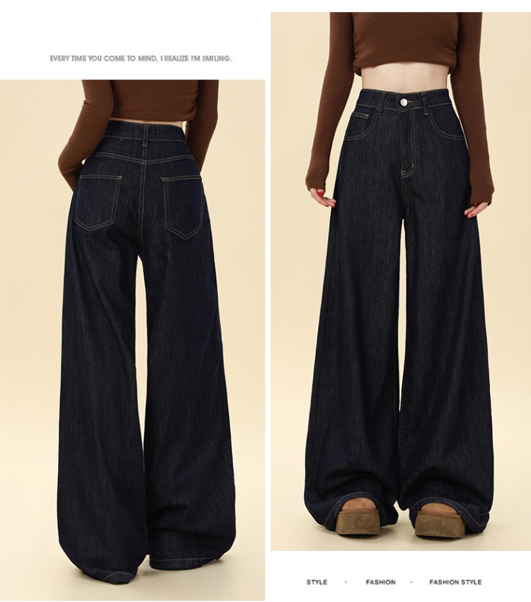 Autumn mopping pants wide leg navy-blue jeans for women