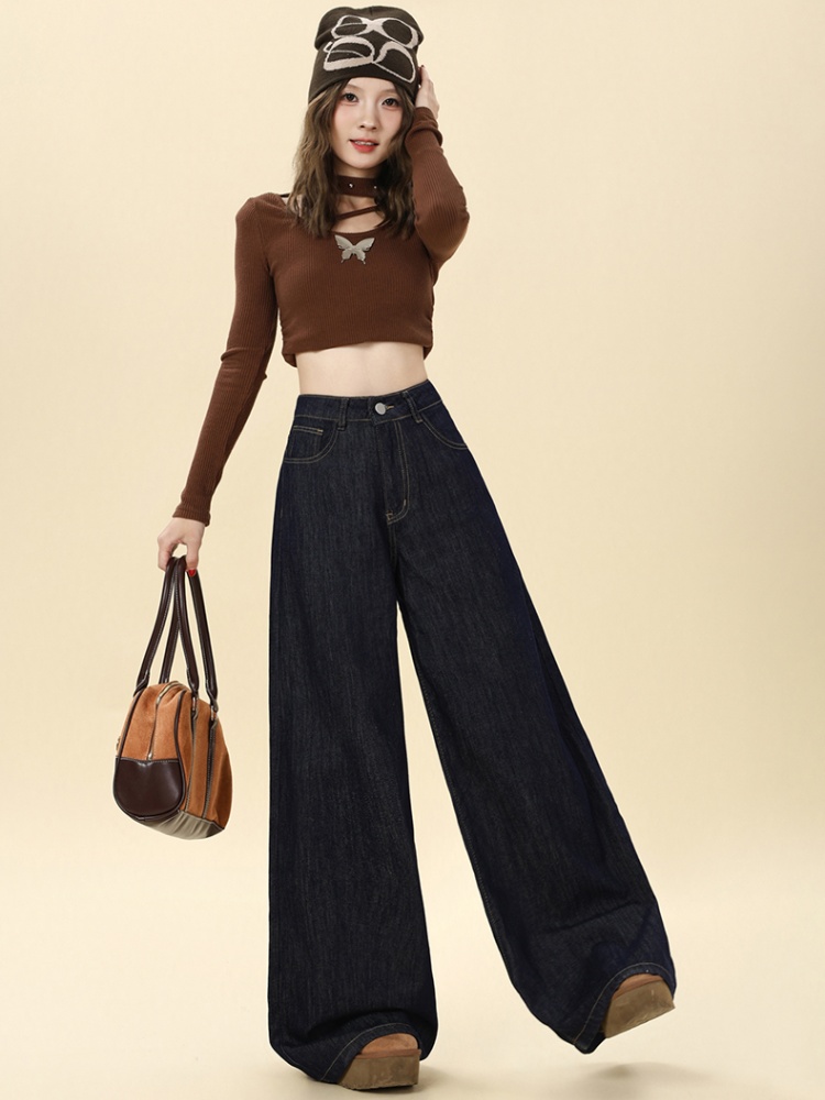 Autumn mopping pants wide leg navy-blue jeans for women