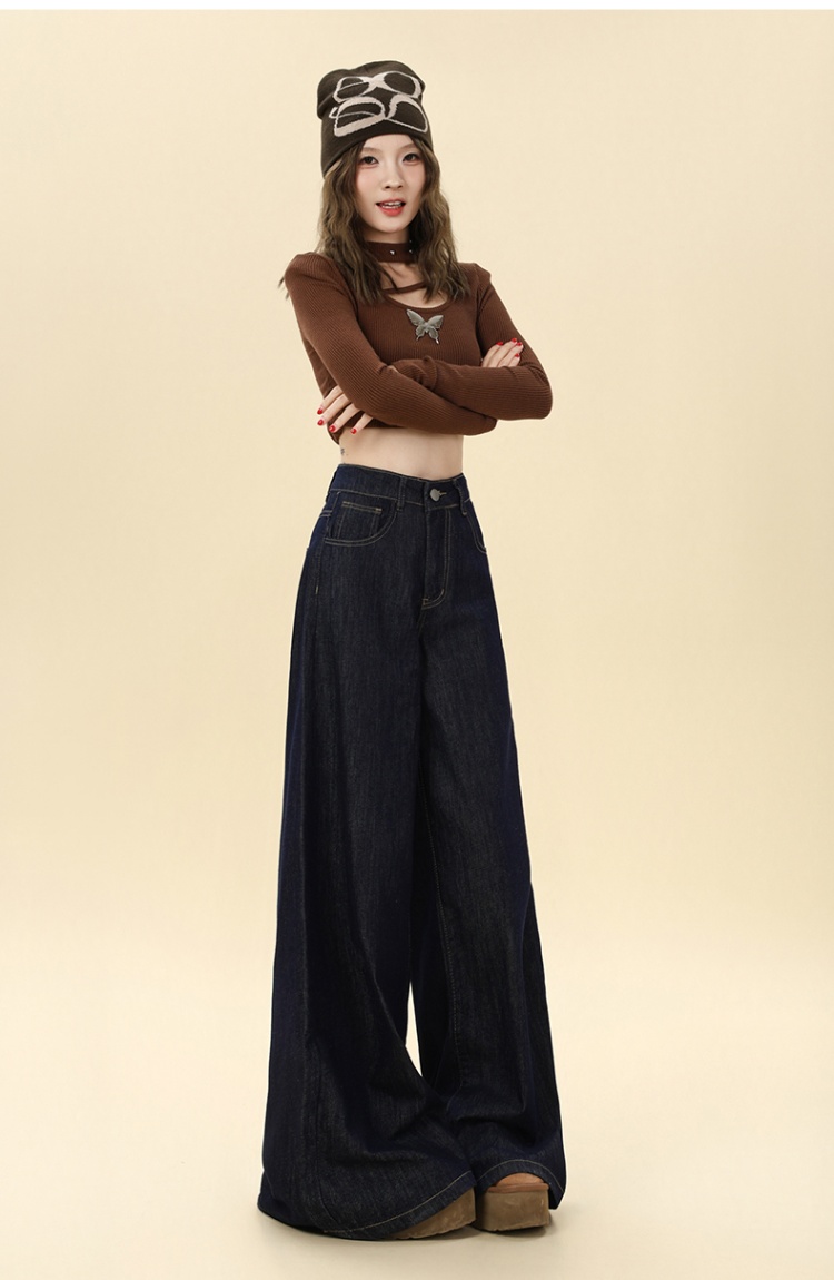 Autumn mopping pants wide leg navy-blue jeans for women