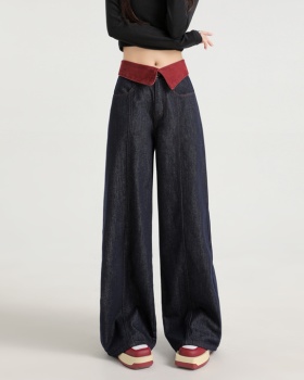 Wide leg flanging jeans straight navy blue pants for women