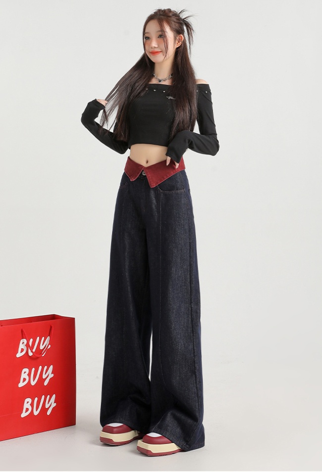 Wide leg flanging jeans straight navy blue pants for women