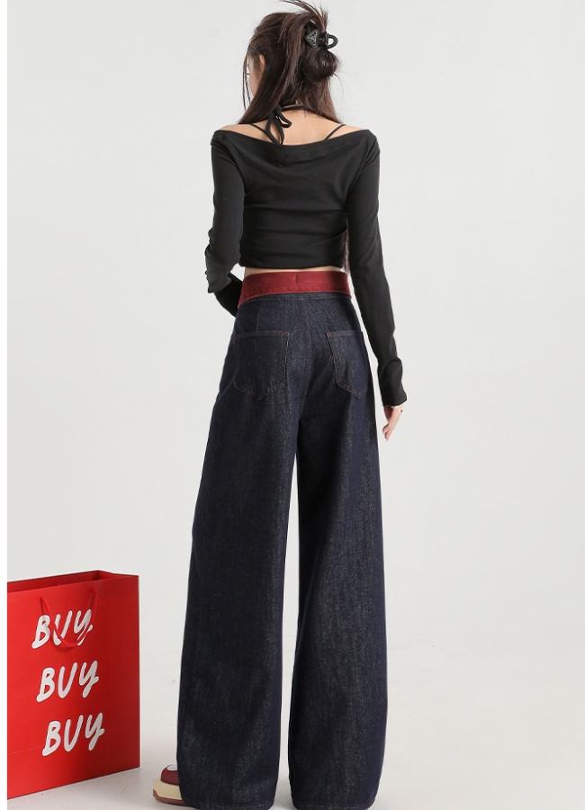 Wide leg flanging jeans straight navy blue pants for women