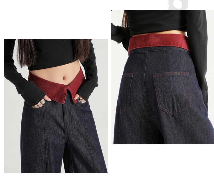 Wide leg flanging jeans straight navy blue pants for women