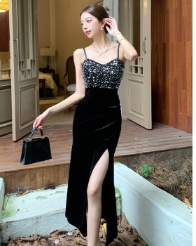 Sling black split long dress temperament long dress for women