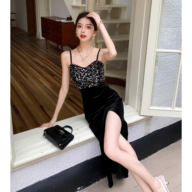 Sling black split long dress temperament long dress for women