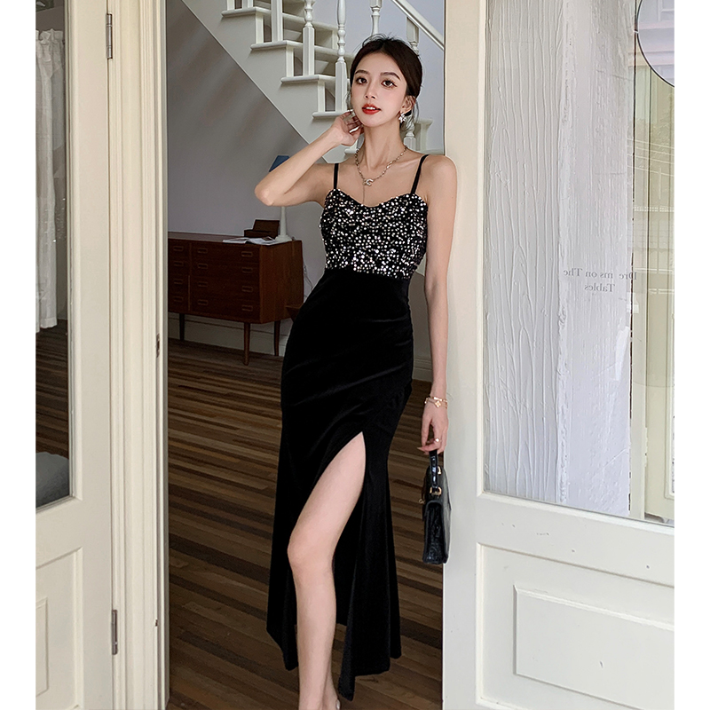 Sling black split long dress temperament long dress for women