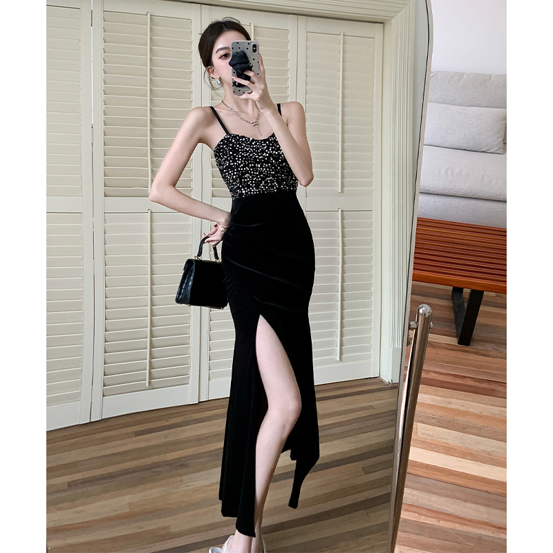 Sling black split long dress temperament long dress for women