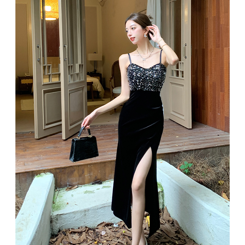 Sling black split long dress temperament long dress for women