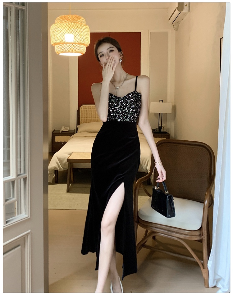 Sling black split long dress temperament long dress for women