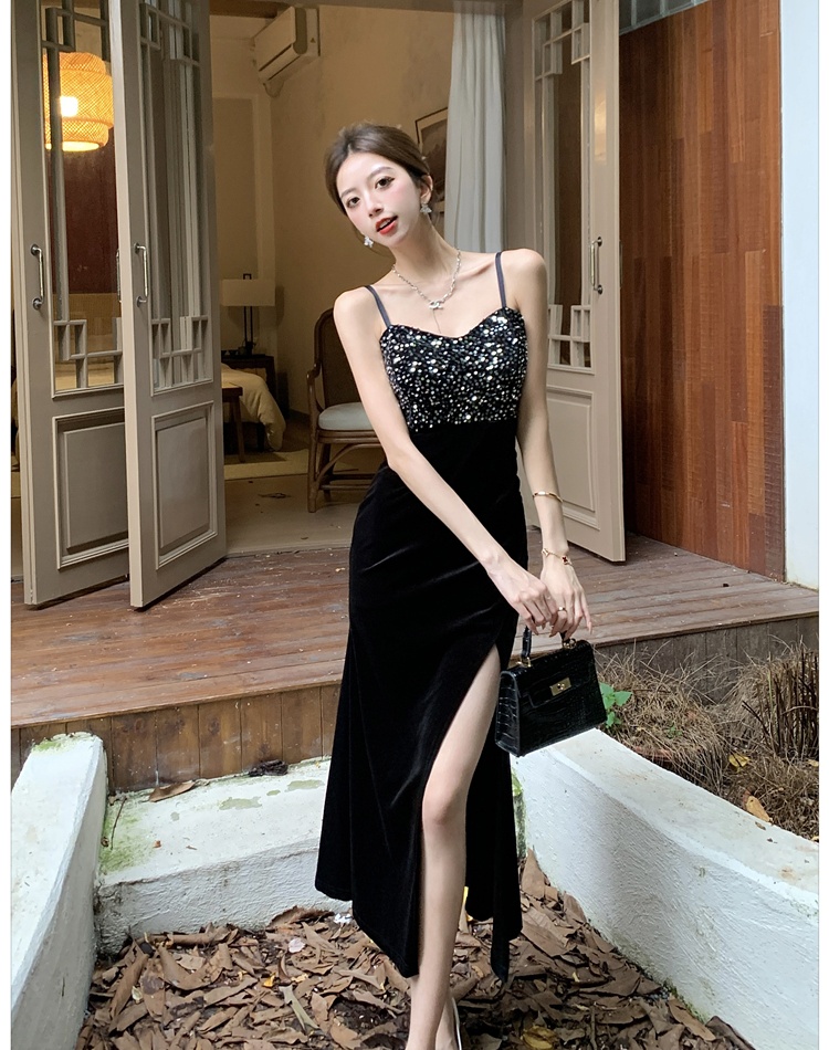 Sling black split long dress temperament long dress for women