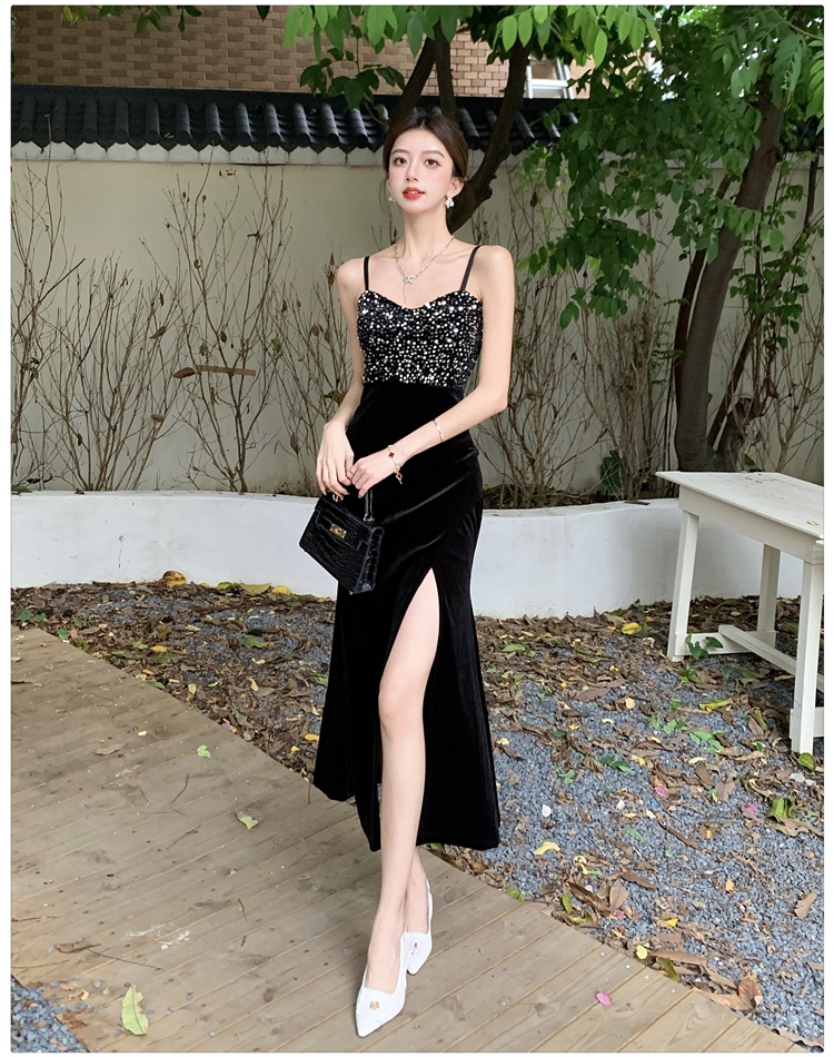 Sling black split long dress temperament long dress for women