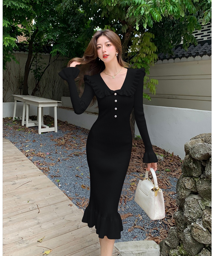 France style sweater dress lotus leaf edges dress for women