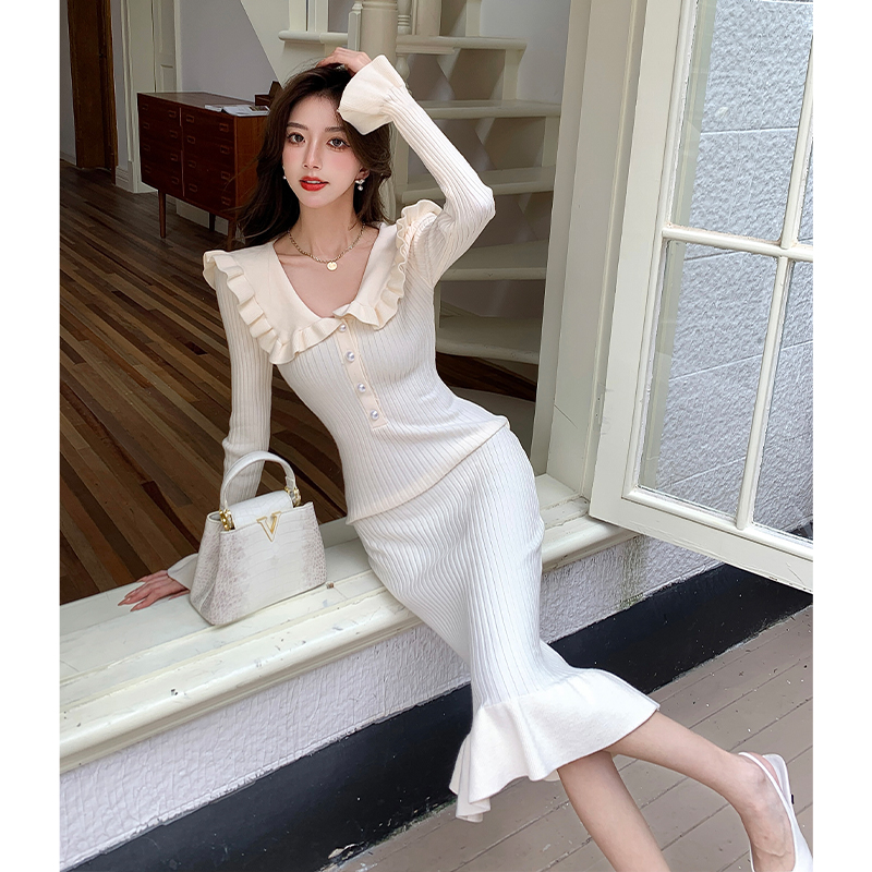 France style sweater dress lotus leaf edges dress for women