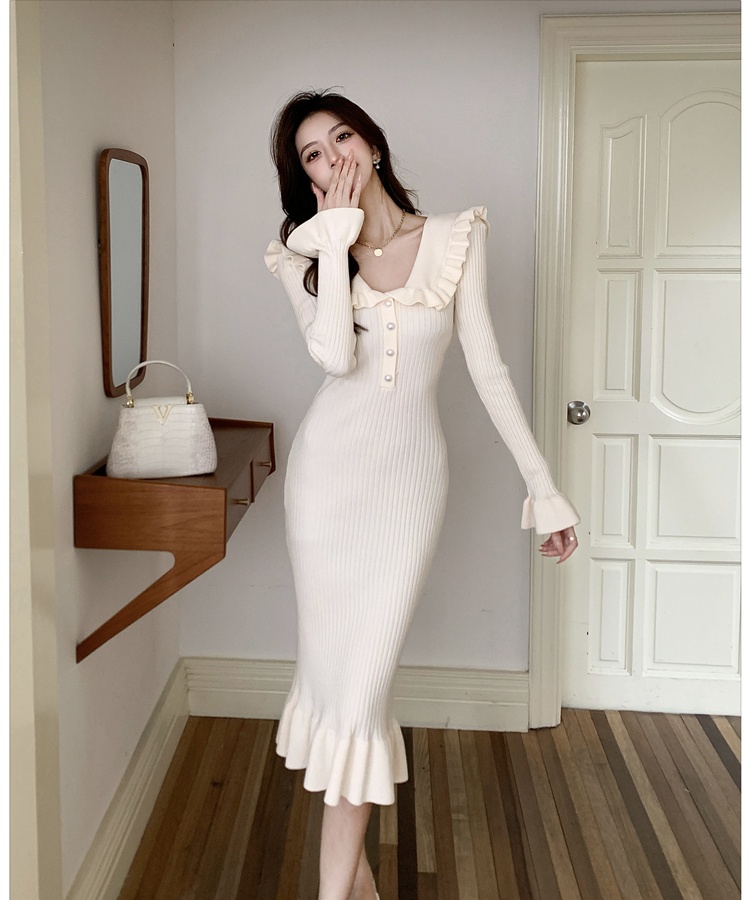 France style sweater dress lotus leaf edges dress for women