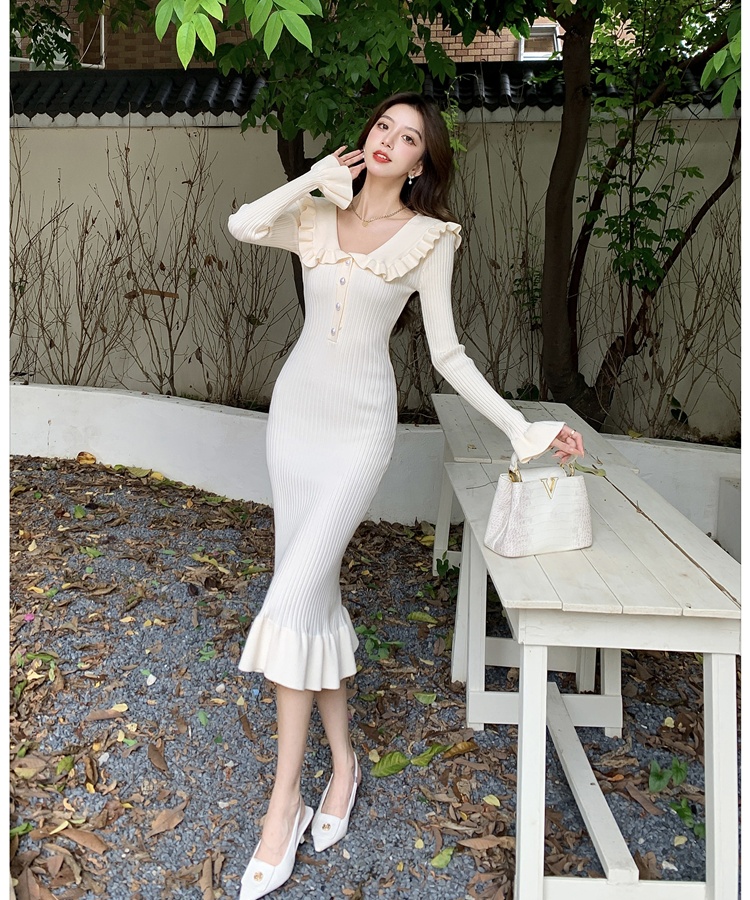 France style sweater dress lotus leaf edges dress for women