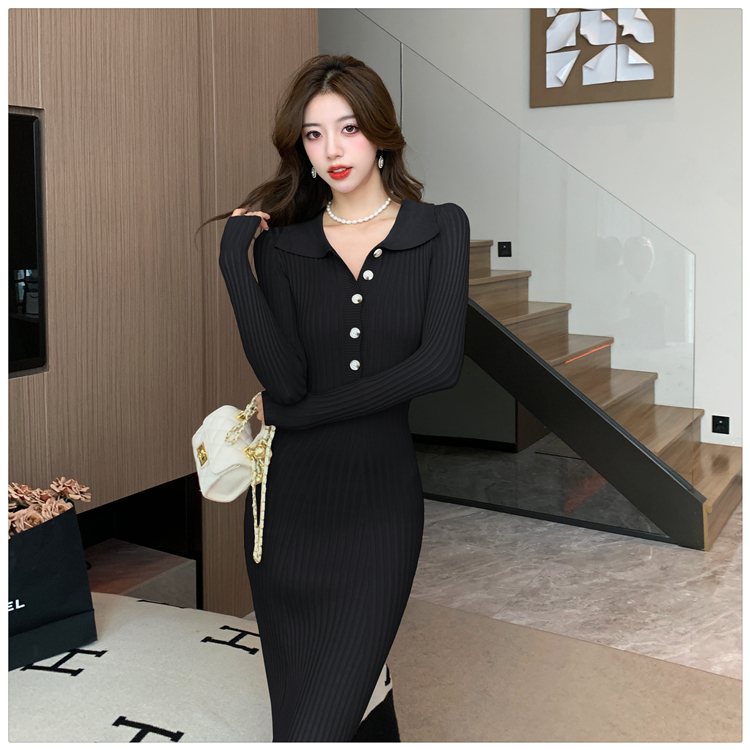 Slim lapel dress sexy knitted long dress for women