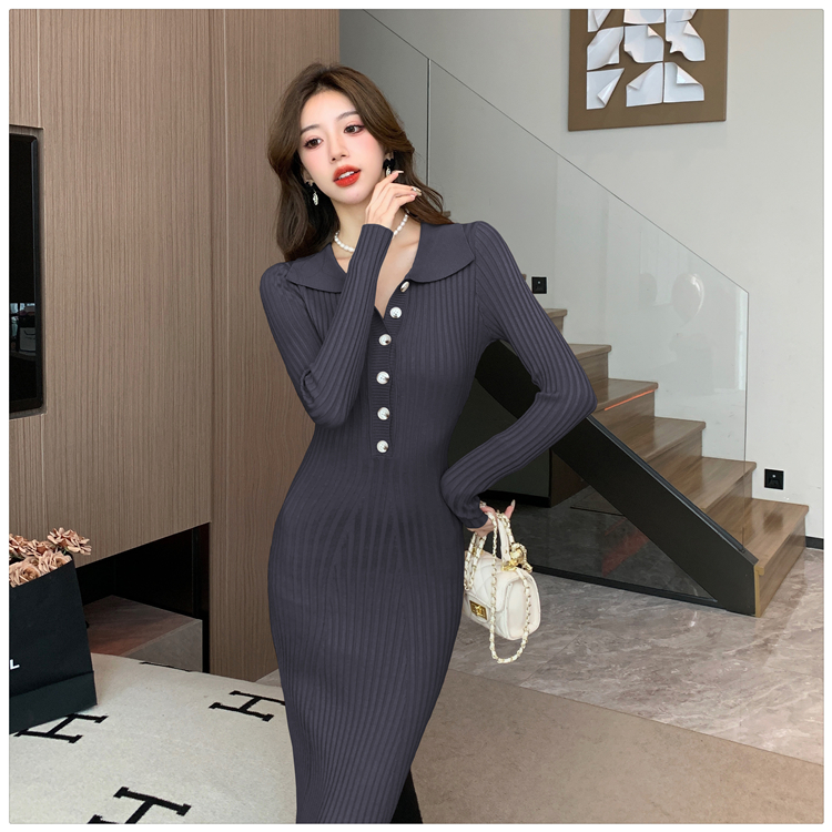 Slim lapel dress sexy knitted long dress for women