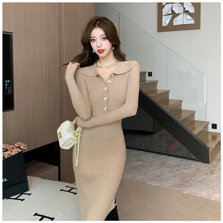 Slim lapel dress sexy knitted long dress for women