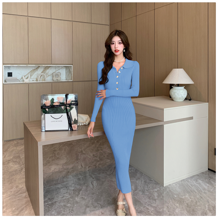 Slim lapel dress sexy knitted long dress for women