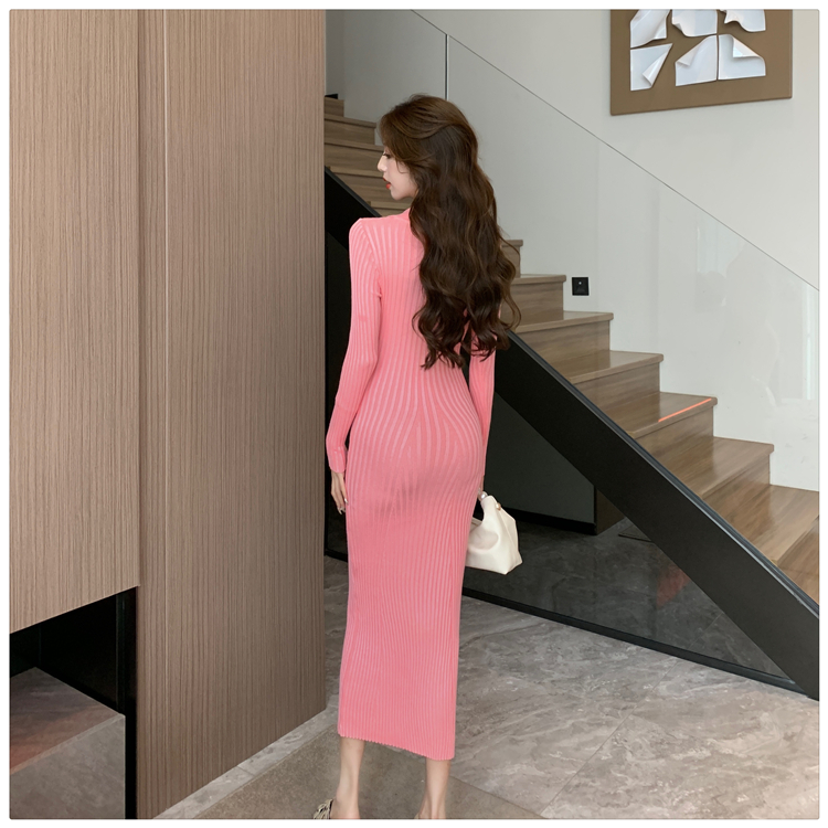 Slim lapel dress sexy knitted long dress for women