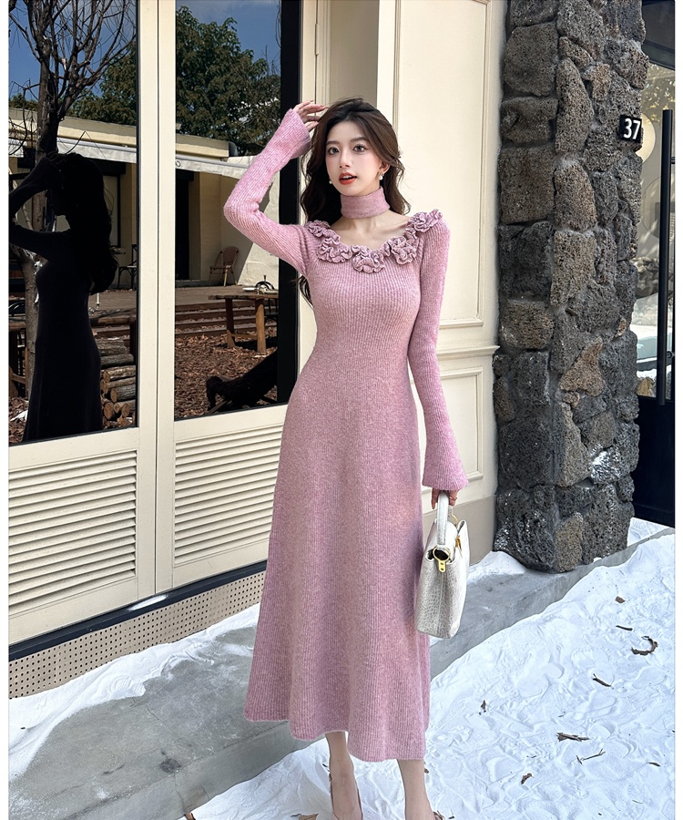 Knitted tender flowers long dress scarf autumn and winter dress