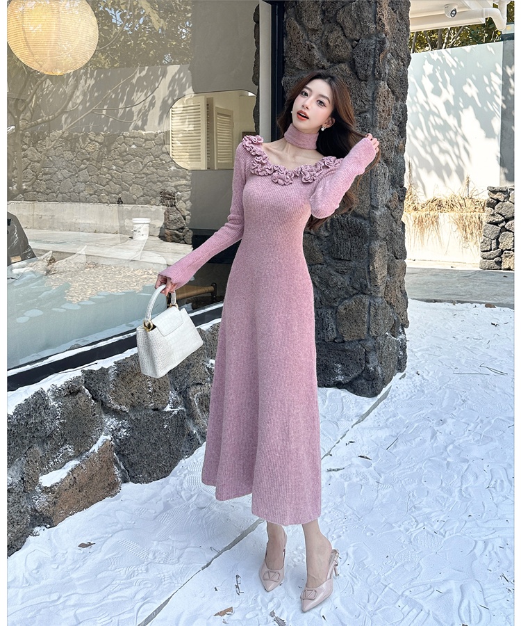 Knitted tender flowers long dress scarf autumn and winter dress