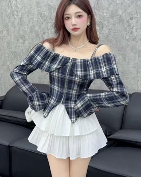 Trumpet sleeves skirt flat shoulder shirt 2pcs set