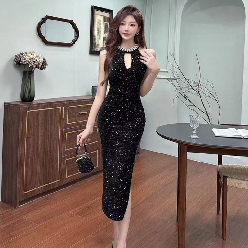 Enticement split dress sequins black evening dress