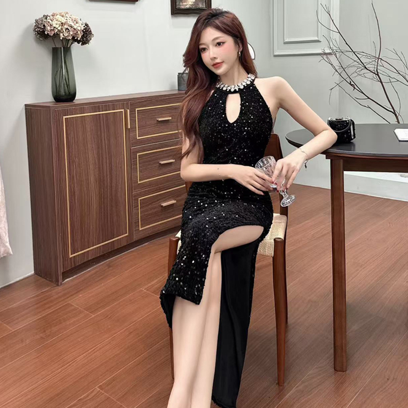 Enticement split dress sequins black evening dress