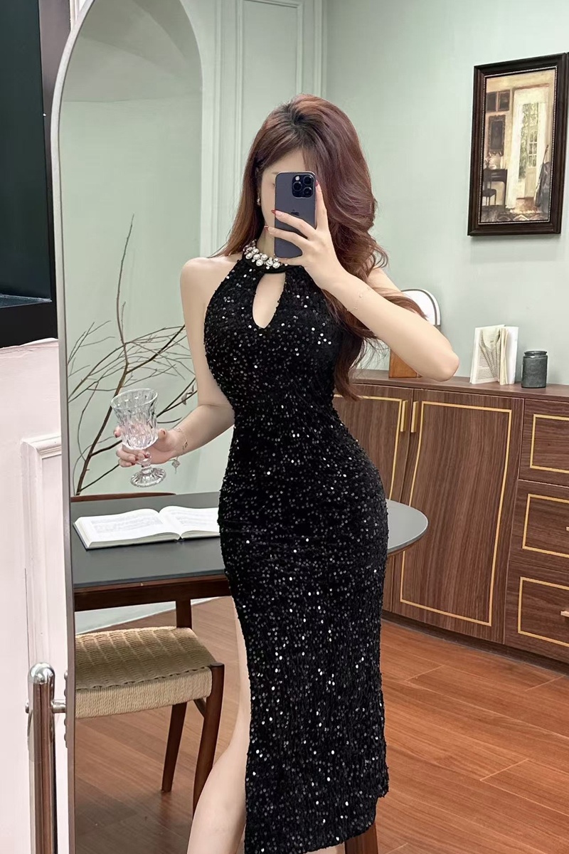 Enticement split dress sequins black evening dress