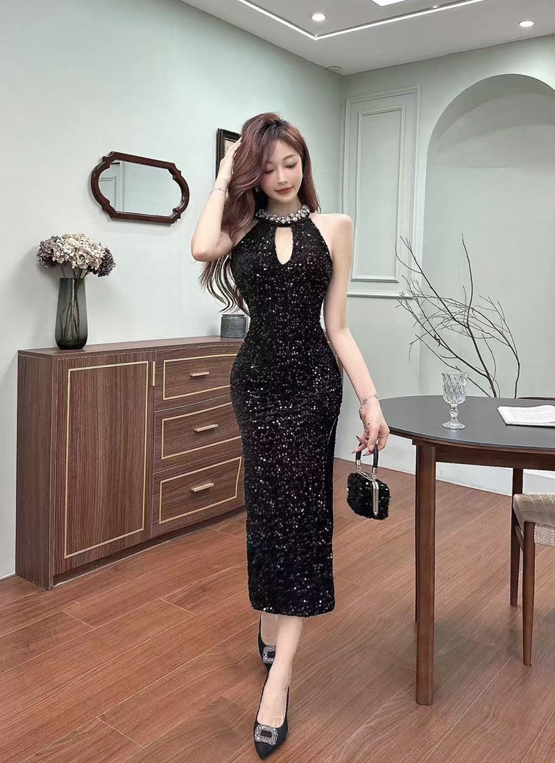 Enticement split dress sequins black evening dress