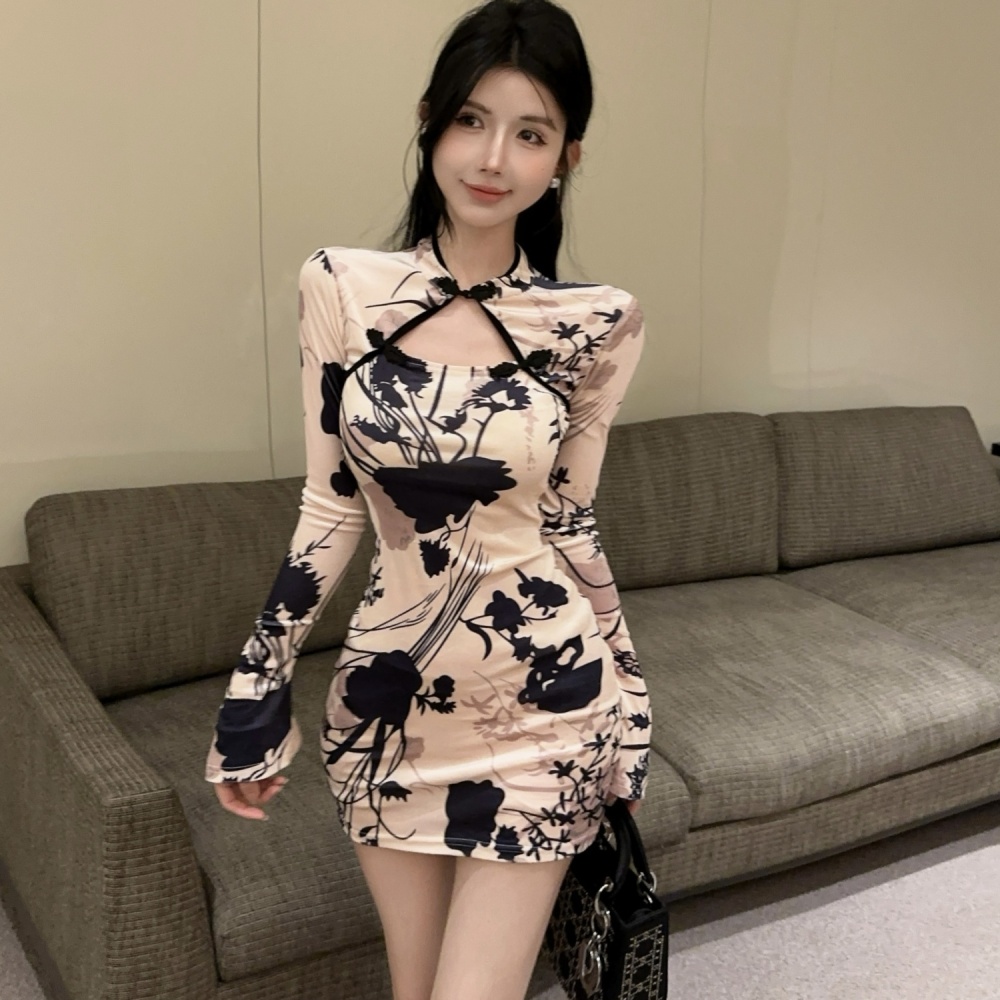 Long sleeve velvet cheongsam fashion dress for women