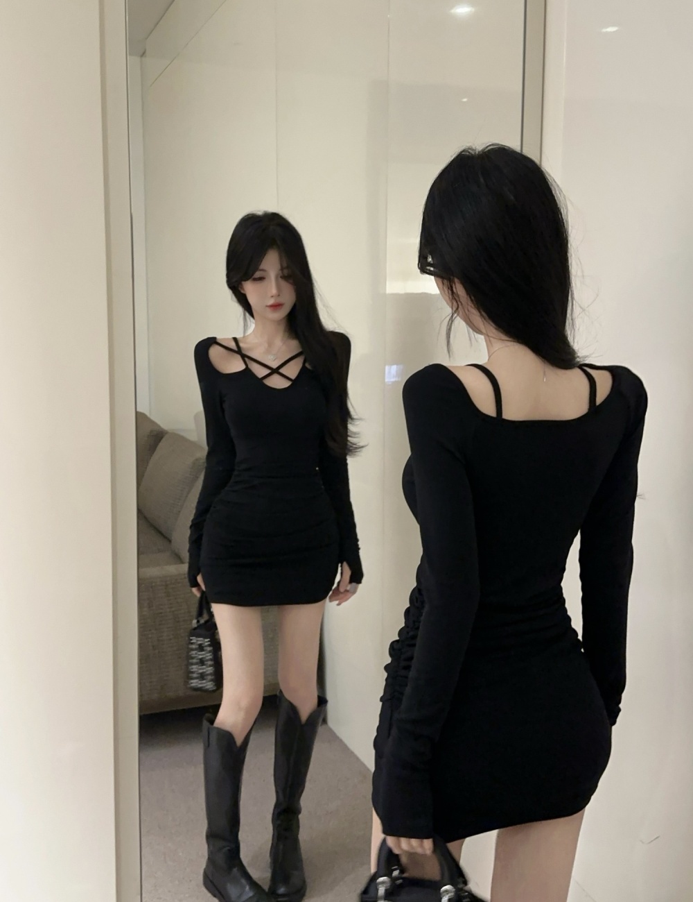 Fashion irregular black hollow nightclub dress