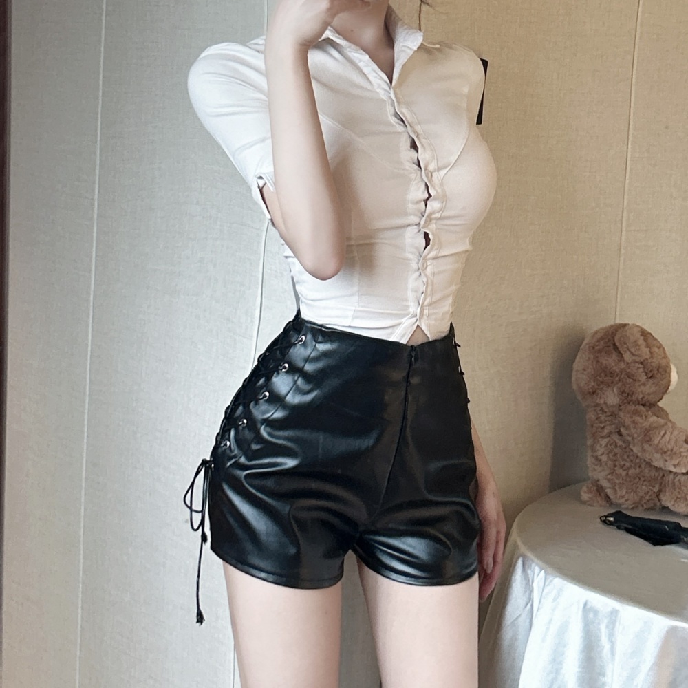 Leatherette short black fine band bar sexy shorts for women