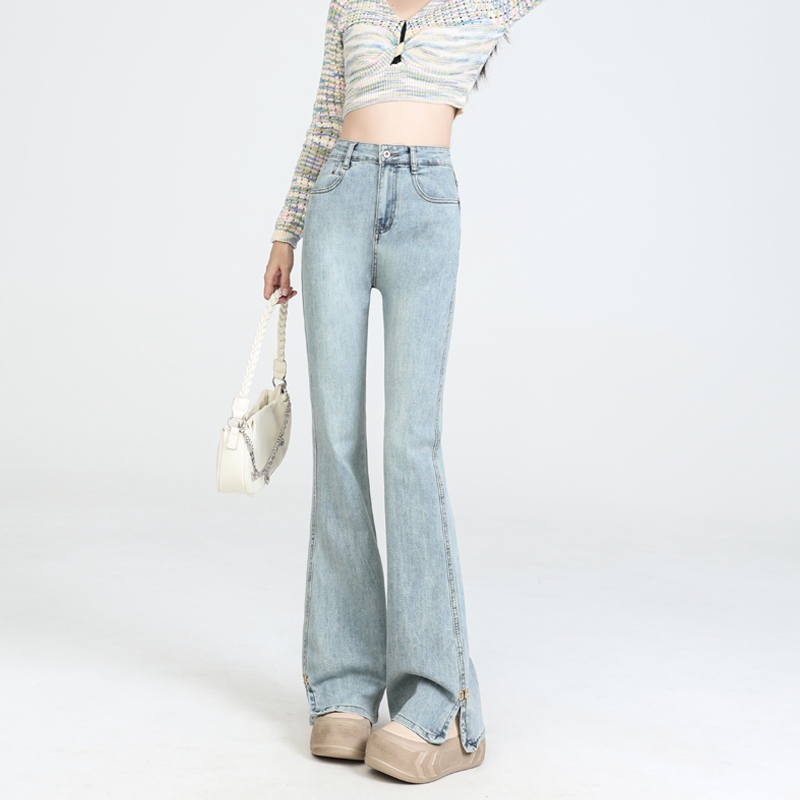 Small split blue jeans slim micro speaker pants