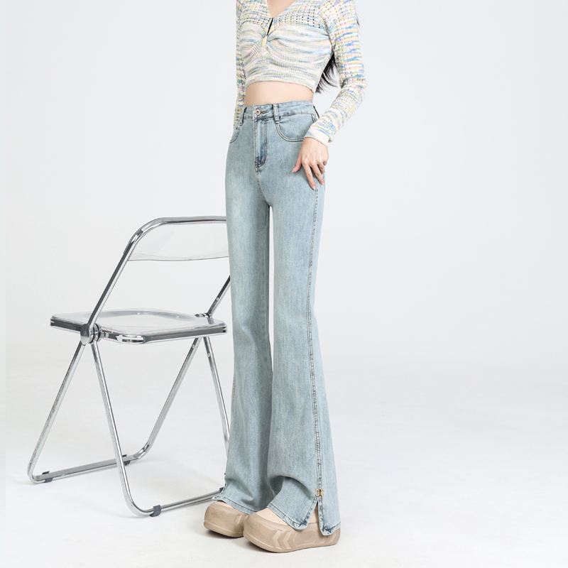 Small split blue jeans slim micro speaker pants