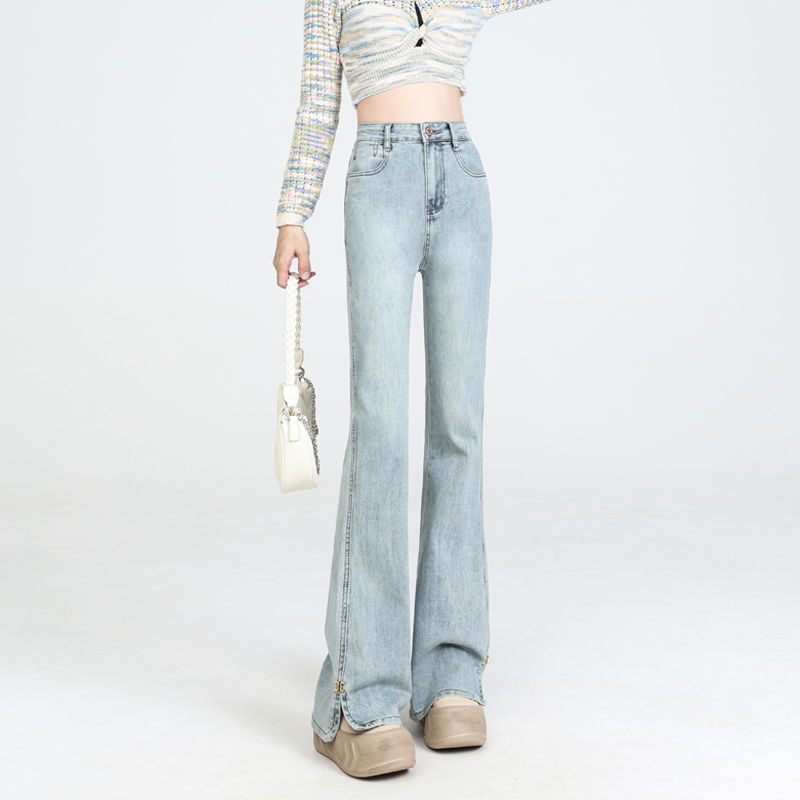 Small split blue jeans slim micro speaker pants