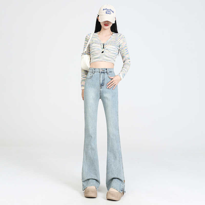 Small split blue jeans slim micro speaker pants