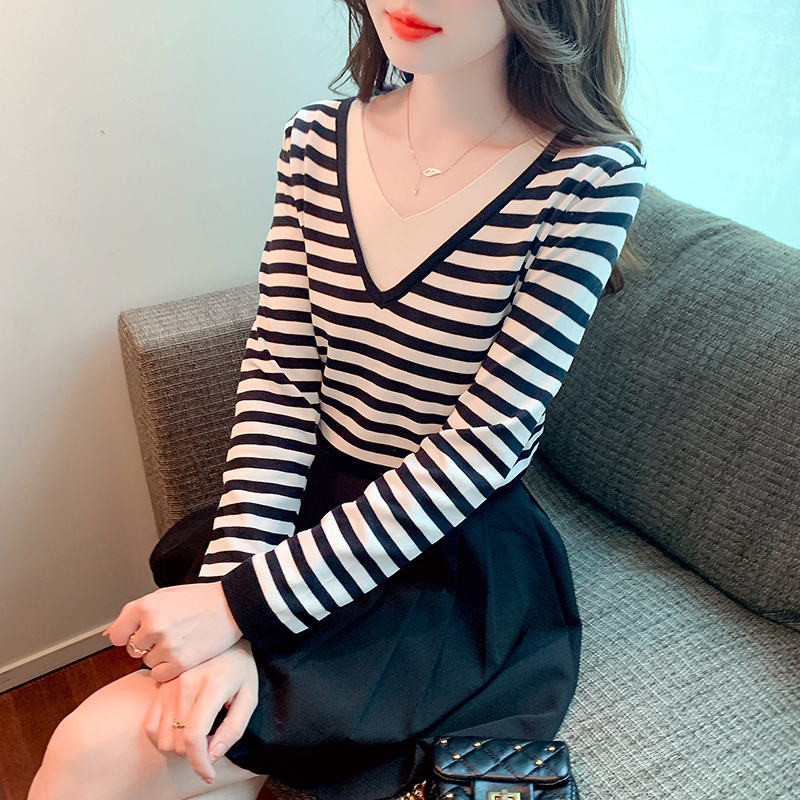 Stripe V-neck tops autumn knitted small shirt