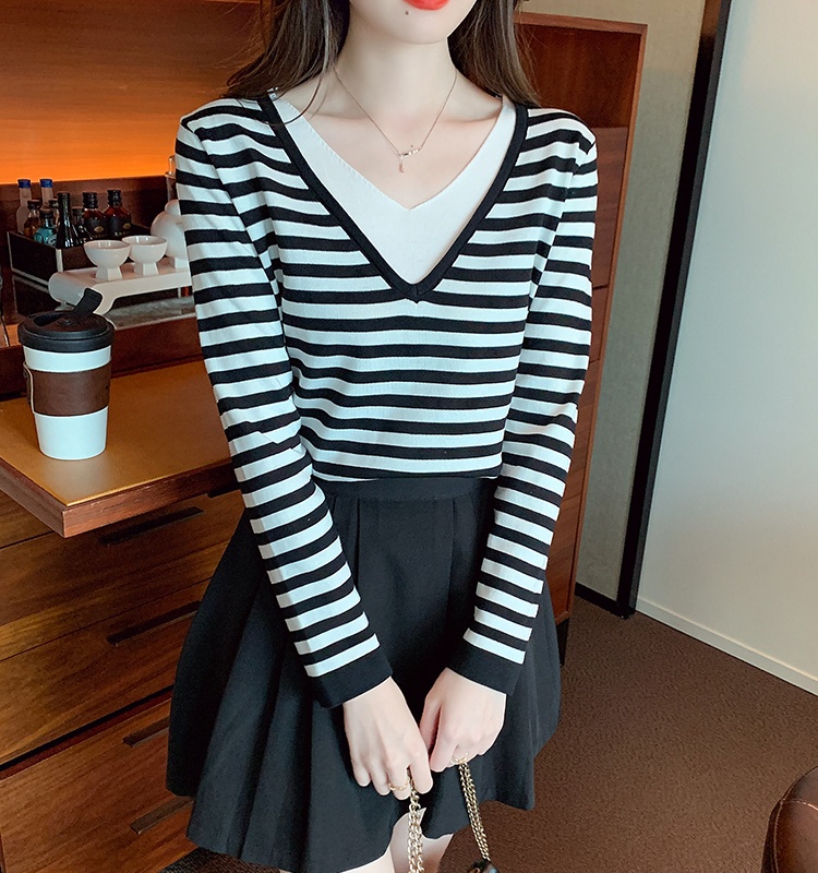 Stripe V-neck tops autumn knitted small shirt